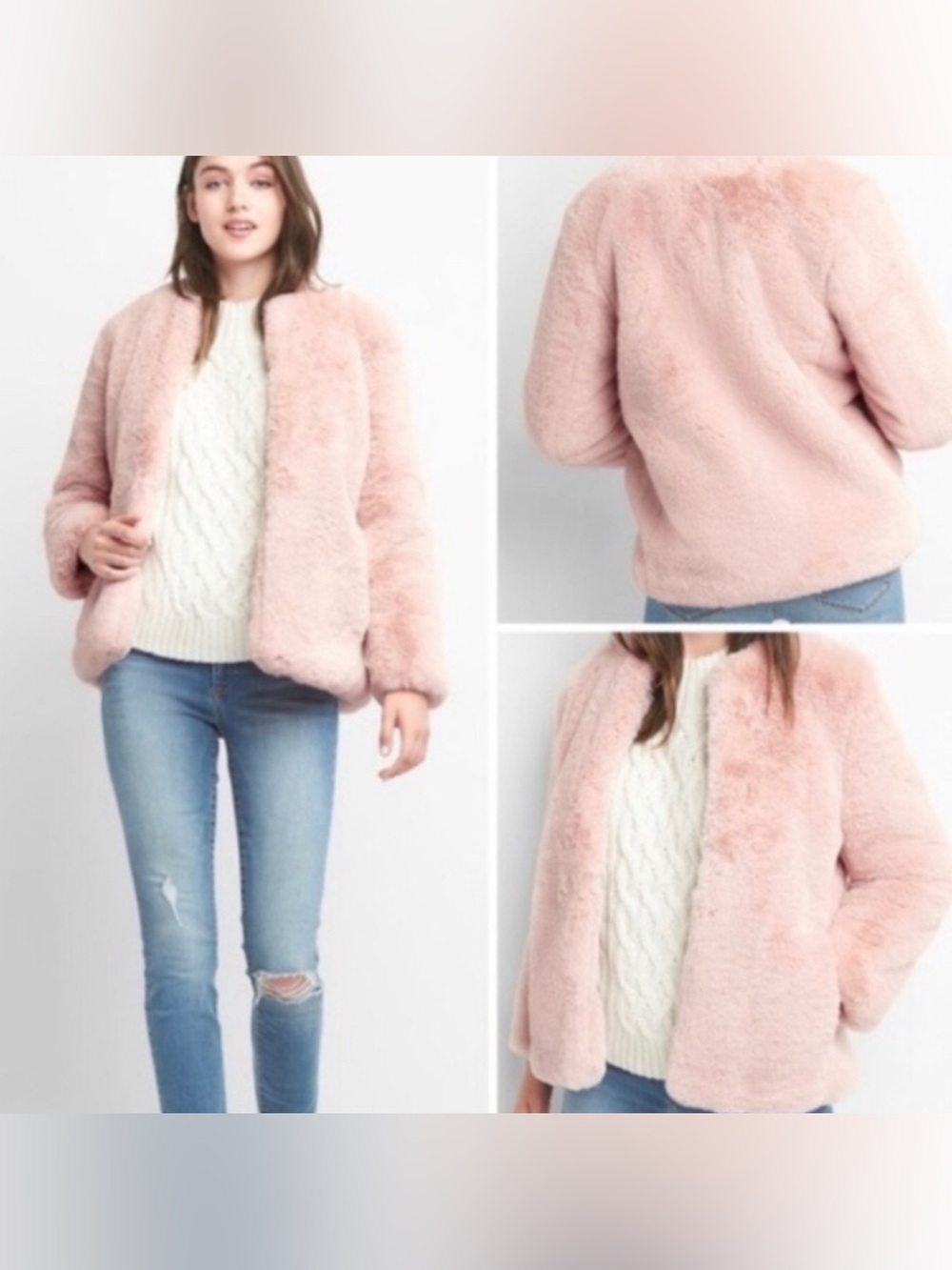 GAP Light Pink Faux Fur Open-Front Jacket